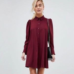 ASOS burgundy long sleeve mini shirt dress